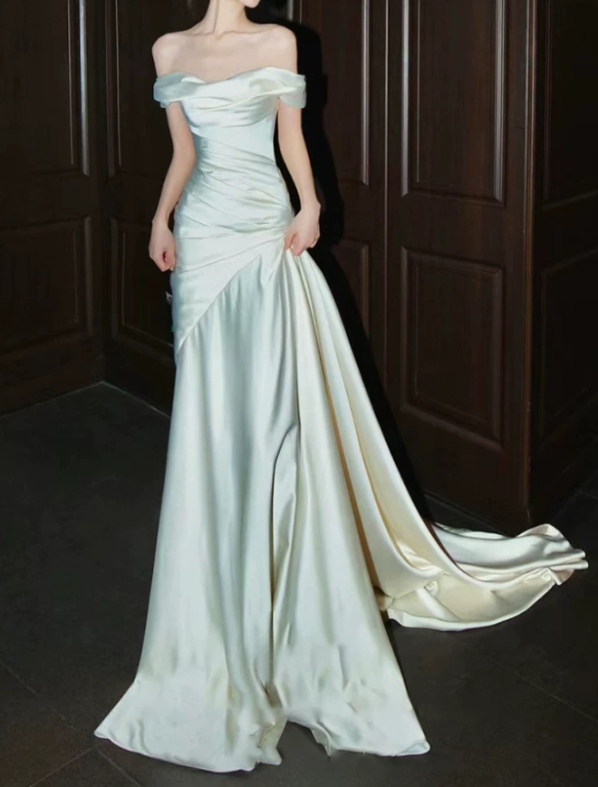 Vintage Satin Off-the-Shoulder Mermaid Ruched Prom Dress DP8568