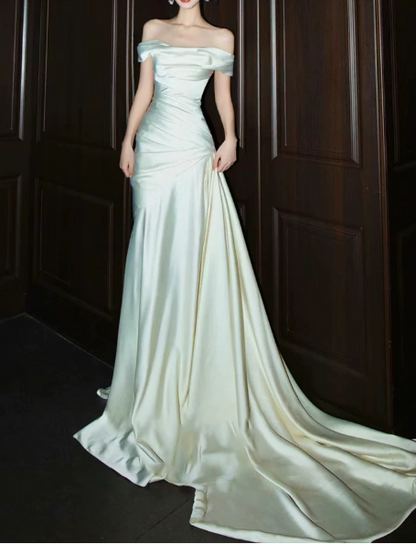 Vintage Satin Off-the-Shoulder Mermaid Ruched Prom Dress DP8568