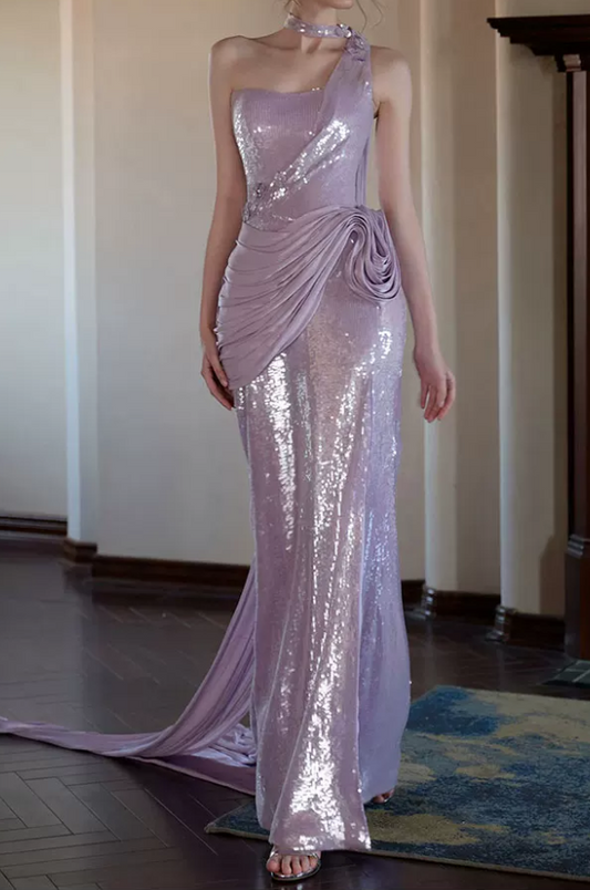 Elegant Lavender Sequin One-Shoulder Mermaid 3D Floral Prom Dress DP8572
