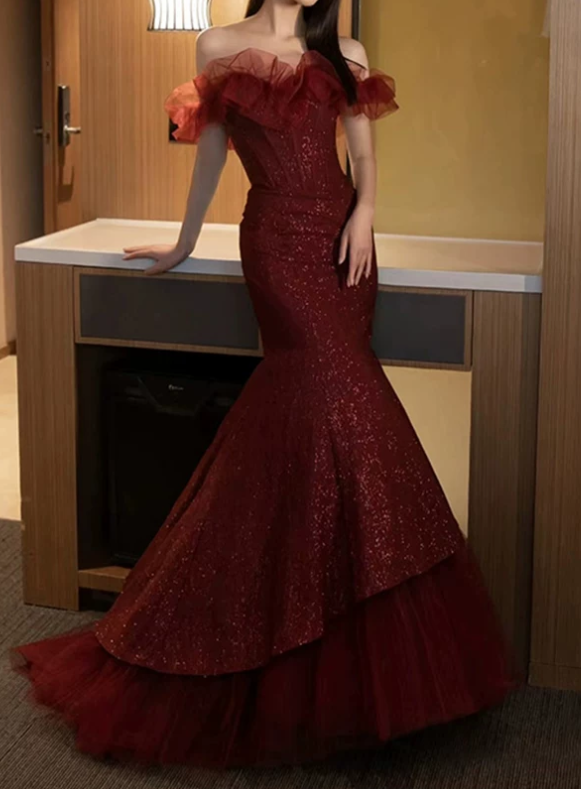 Elegant Burgundy Glitter Off-the-Shoulder Ruffle Tulle Mermaid Tiered Tulle Evening Gown DP8574
