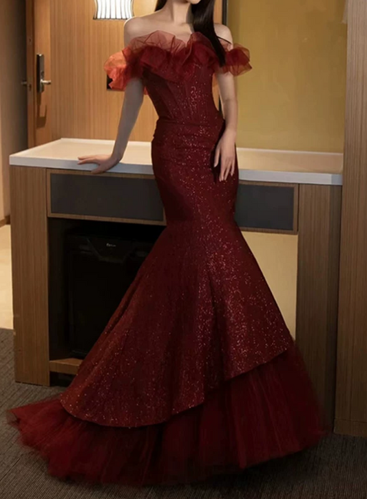 Elegant Burgundy Glitter Off-the-Shoulder Ruffle Tulle Mermaid Tiered Tulle Evening Gown DP8574