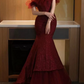 Elegant Burgundy Glitter Off-the-Shoulder Ruffle Tulle Mermaid Tiered Tulle Evening Gown DP8574
