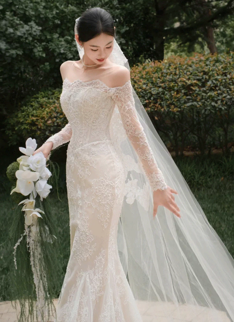 Elegant Ivory Off-the-Shoulder Long Sleeve Lace Mermaid Veil Wedding Dress DP8619