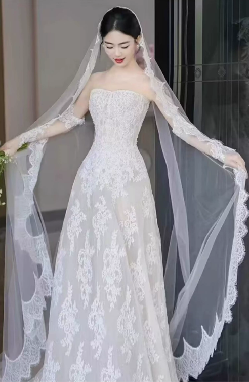Elegant Strapless Floral Lace Mermaid Detachable Long Lace Sleeves & Scalloped Veil Wedding Dress DP8620