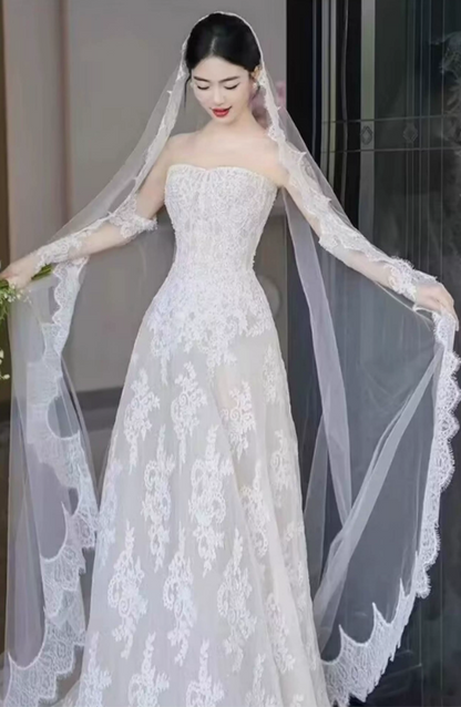 Elegant Strapless Floral Lace Mermaid Detachable Long Lace Sleeves & Scalloped Veil Wedding Dress DP8620