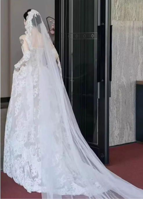 Elegant Strapless Floral Lace Mermaid Detachable Long Lace Sleeves & Scalloped Veil Wedding Dress DP8620
