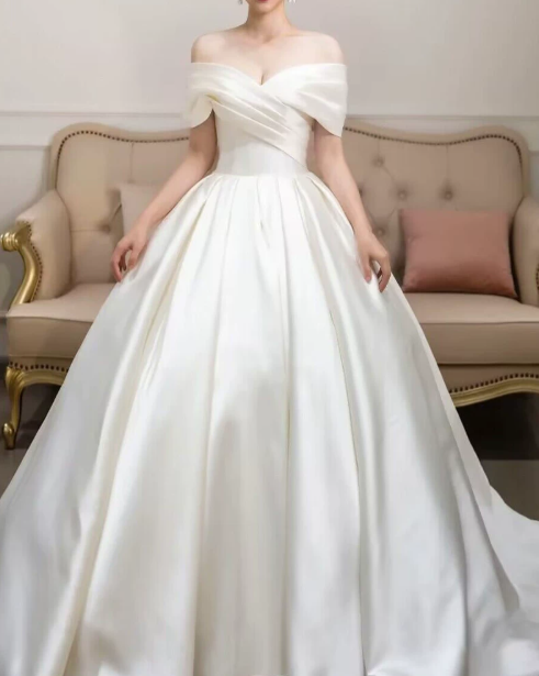 Romantic Off-the-Shoulder Draped Satin A-Line Train Wedding Dress DP8623