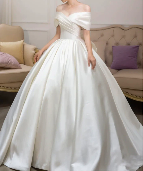 Romantic Off-the-Shoulder Draped Satin A-Line Train Wedding Dress DP8623