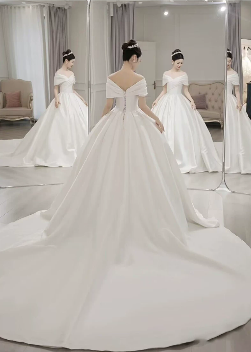Romantic Off-the-Shoulder Draped Satin A-Line Train Wedding Dress DP8623