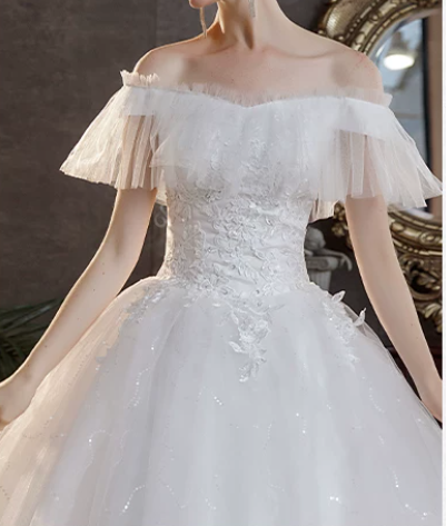 Romantic Off-the-Shoulder Tulle Ruffled Sparkly Sequined A-Line Wedding Dress DP8627