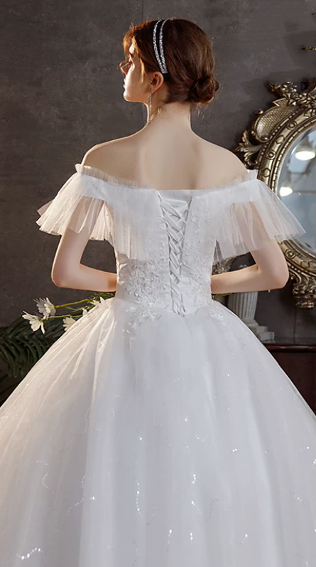 Romantic Off-the-Shoulder Tulle Ruffled Sparkly Sequined A-Line Wedding Dress DP8627