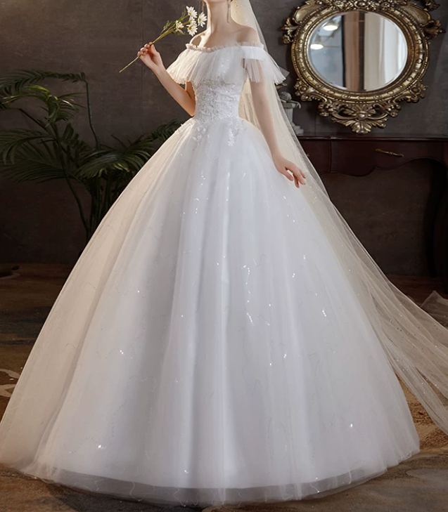 Romantic Off-the-Shoulder Tulle Ruffled Sparkly Sequined A-Line Wedding Dress DP8627