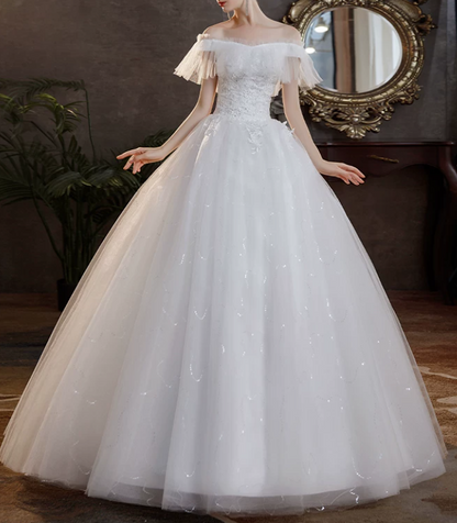 Romantic Off-the-Shoulder Tulle Ruffled Sparkly Sequined A-Line Wedding Dress DP8627