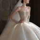 Romantic Sweetheart Strapless Beaded Detachable Long Mesh Sleeves Chapel Train A-Line Wedding Dress DP8628