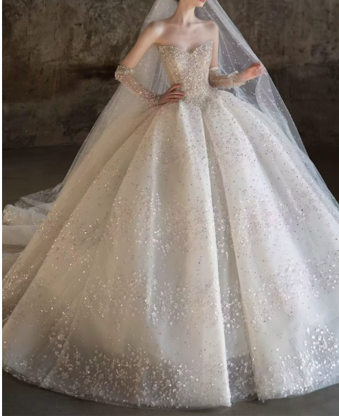Romantic Sweetheart Strapless Beaded Detachable Long Mesh Sleeves Chapel Train A-Line Wedding Dress DP8628