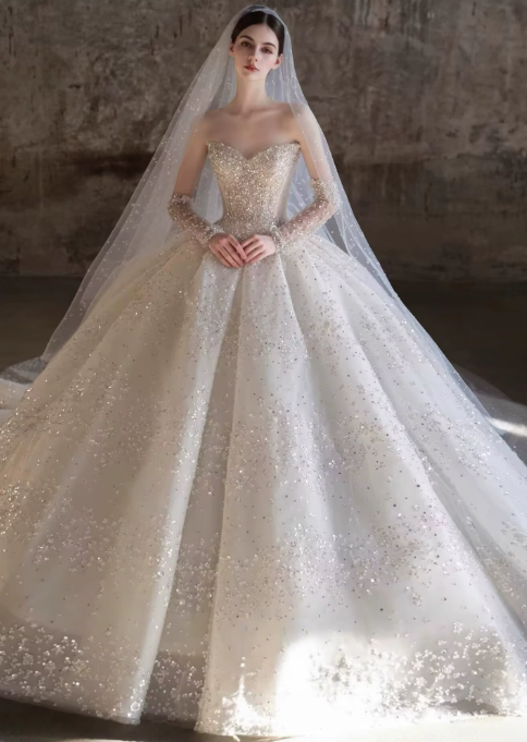 Romantic Sweetheart Strapless Beaded Detachable Long Mesh Sleeves Chapel Train A-Line Wedding Dress DP8628