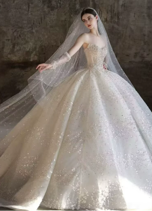 Romantic Sweetheart Strapless Beaded Detachable Long Mesh Sleeves Chapel Train A-Line Wedding Dress DP8628