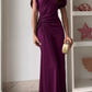 Elegant Plum Purple Draped Cowl Neck Satin Ruched Prom Dress DP8631