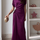 Elegant Plum Purple Draped Cowl Neck Satin Ruched Prom Dress DP8631