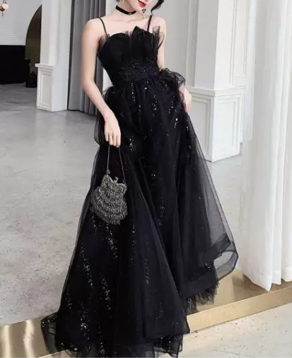 Gorgeous Spaghetti Strap Black Glitter Tulle A-Line Lace Appliqued Quinceanera Ball Gown DP8633