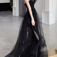 Gorgeous Spaghetti Strap Black Glitter Tulle A-Line Lace Appliqued Quinceanera Ball Gown DP8633