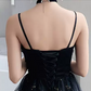 Gorgeous Spaghetti Strap Black Glitter Tulle A-Line Lace Appliqued Quinceanera Ball Gown DP8633