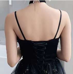 Gorgeous Spaghetti Strap Black Glitter Tulle A-Line Lace Appliqued Quinceanera Ball Gown DP8633