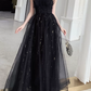 Gorgeous Spaghetti Strap Black Glitter Tulle A-Line Lace Appliqued Quinceanera Ball Gown DP8633