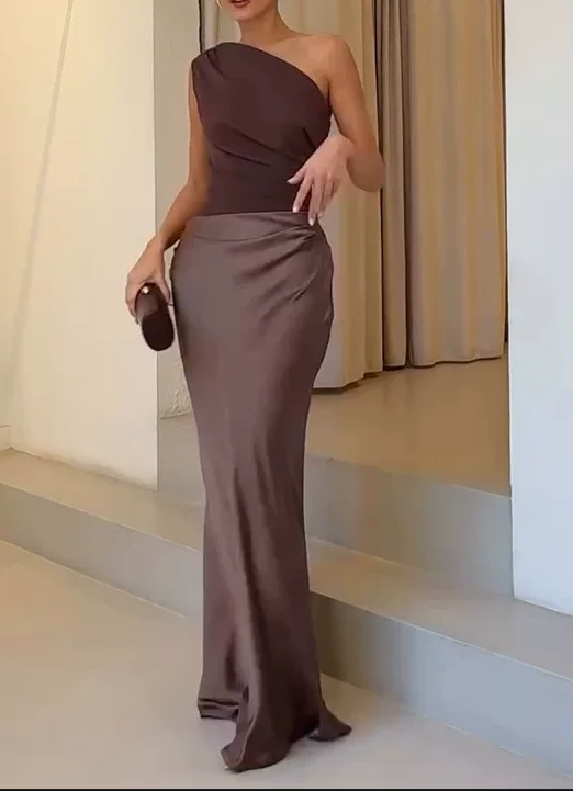 Elegant One-Shoulder Satin Sheath Ruched Formal Wedding Guest Evening Dress Prom Dress DP8634