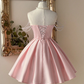 Vintage Pink Satin Off-the-Shoulder Pearl Chain Strap Lace Bodice A-Line Homecoming Dress DP8669