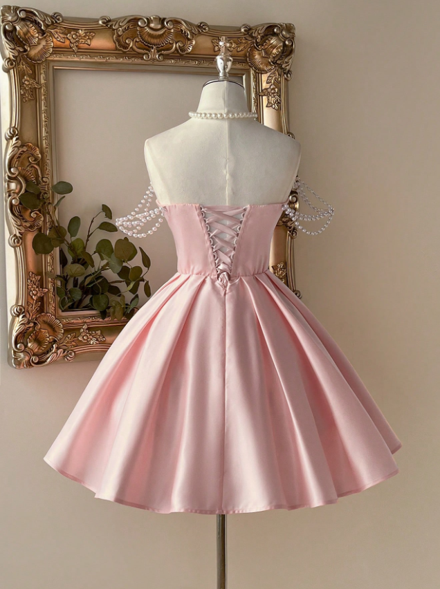 Vintage Pink Satin Off-the-Shoulder Pearl Chain Strap Lace Bodice A-Line Homecoming Dress DP8669