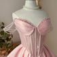 Vintage Pink Satin Off-the-Shoulder Pearl Chain Strap Lace Bodice A-Line Homecoming Dress DP8669