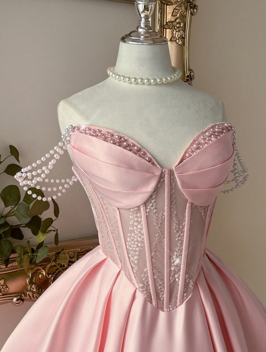 Vintage Pink Satin Off-the-Shoulder Pearl Chain Strap Lace Bodice A-Line Homecoming Dress DP8669
