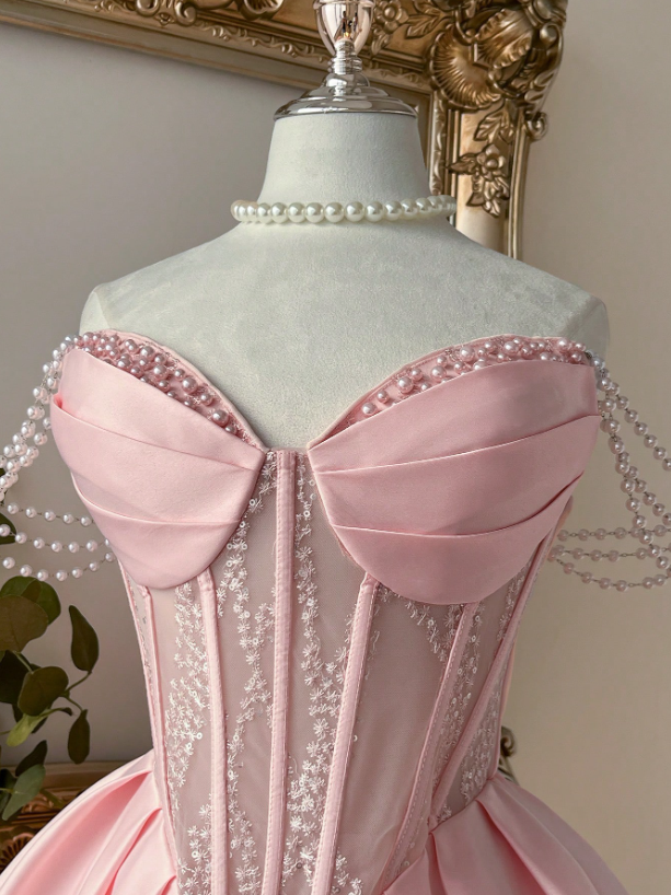 Vintage Pink Satin Off-the-Shoulder Pearl Chain Strap Lace Bodice A-Line Homecoming Dress DP8669