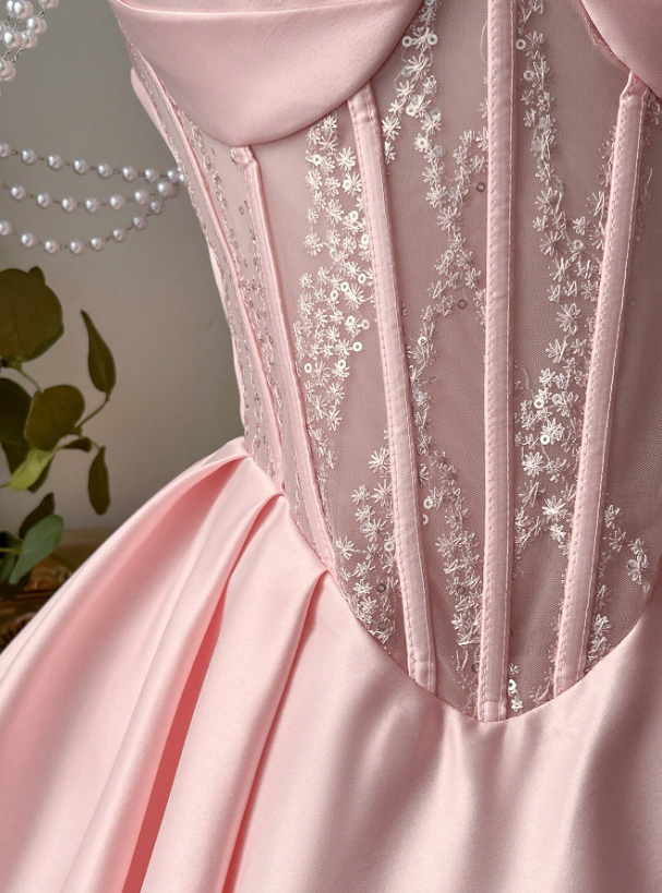 Vintage Pink Satin Off-the-Shoulder Pearl Chain Strap Lace Bodice A-Line Homecoming Dress DP8669