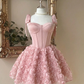 Vintage Pink Sweetheart Satin Bow Shoulder Straps 3D Rose Floral A-Line Birthday Party Homecoming Dress DP8670