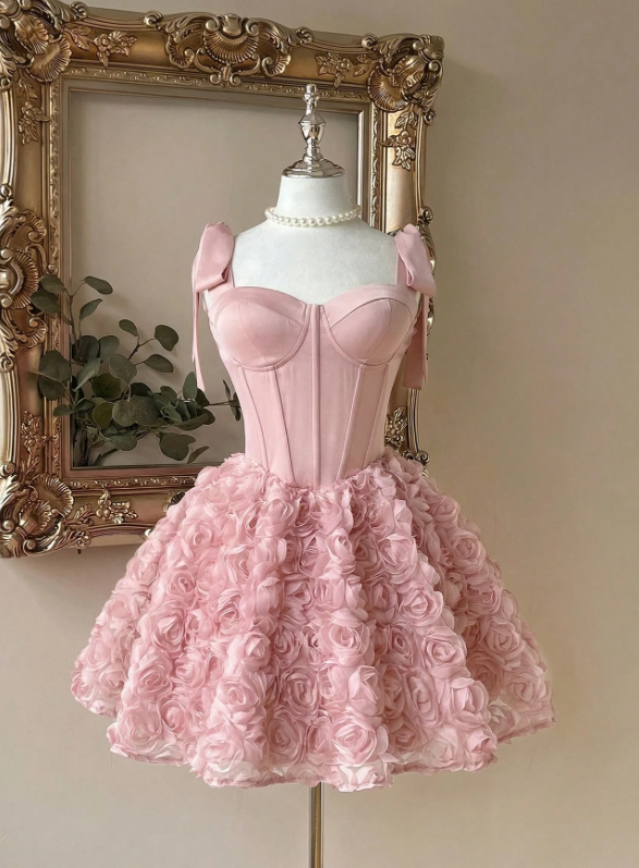 Vintage Pink Sweetheart Satin Bow Shoulder Straps 3D Rose Floral A-Line Birthday Party Homecoming Dress DP8670