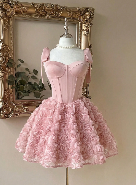 Vintage Pink Sweetheart Satin Bow Shoulder Straps 3D Rose Floral A-Line Birthday Party Homecoming Dress DP8670