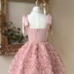 Vintage Pink Sweetheart Satin Bow Shoulder Straps 3D Rose Floral A-Line Birthday Party Homecoming Dress DP8670