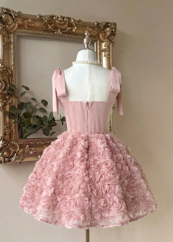 Vintage Pink Sweetheart Satin Bow Shoulder Straps 3D Rose Floral A-Line Birthday Party Homecoming Dress DP8670