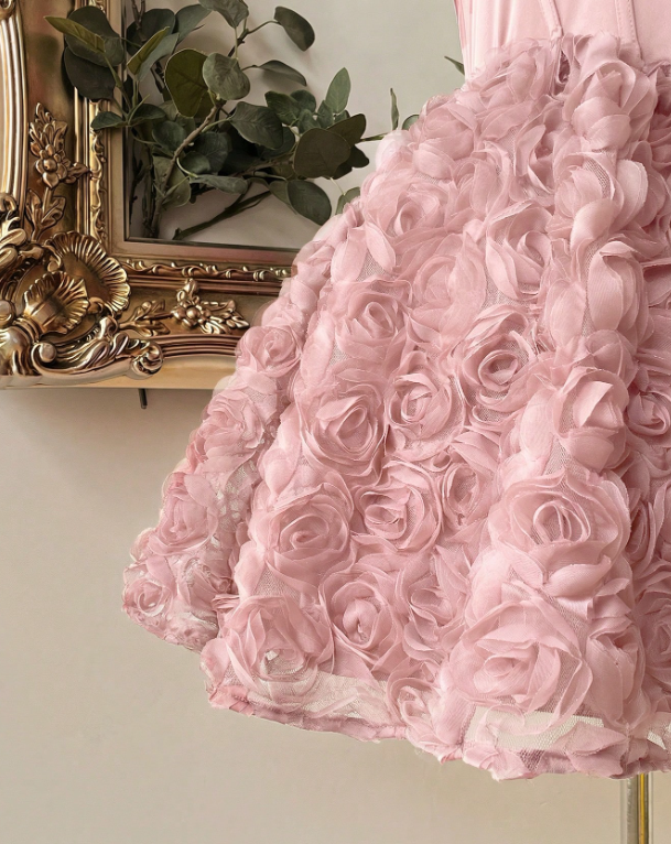 Vintage Pink Sweetheart Satin Bow Shoulder Straps 3D Rose Floral A-Line Birthday Party Homecoming Dress DP8670