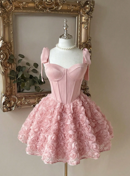 Vintage Pink Sweetheart Satin Bow Shoulder Straps 3D Rose Floral A-Line Birthday Party Homecoming Dress DP8670