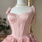 Vintage Pink Sweetheart Satin Bow Shoulder Straps 3D Rose Floral A-Line Birthday Party Homecoming Dress DP8670