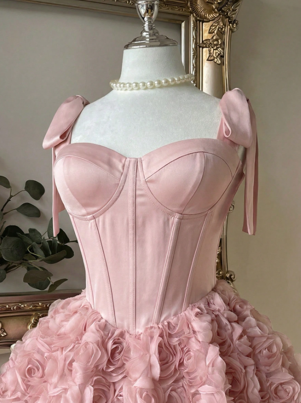 Vintage Pink Sweetheart Satin Bow Shoulder Straps 3D Rose Floral A-Line Birthday Party Homecoming Dress DP8670