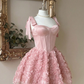 Vintage Pink Sweetheart Satin Bow Shoulder Straps 3D Rose Floral A-Line Birthday Party Homecoming Dress DP8670