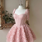 Vintage Pink Sweetheart Satin Bow Shoulder Straps 3D Rose Floral A-Line Birthday Party Homecoming Dress DP8670