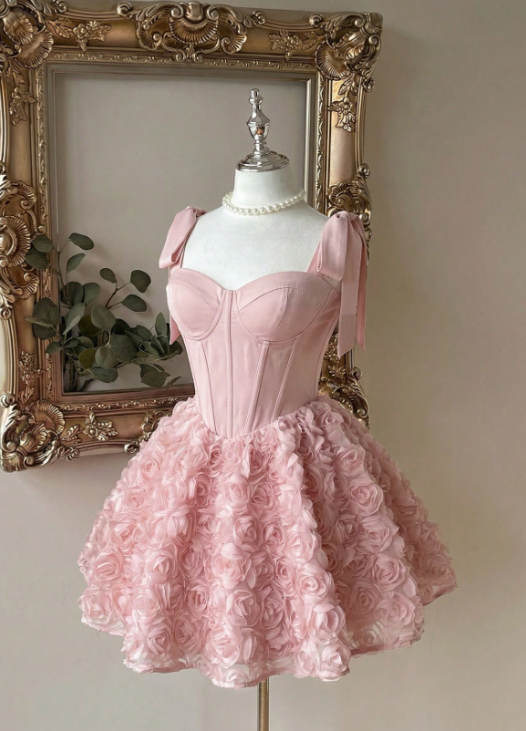 Vintage Pink Sweetheart Satin Bow Shoulder Straps 3D Rose Floral A-Line Birthday Party Homecoming Dress DP8670