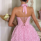 Elegant Pink Halter-Neck 3D Floral Lace-Up A-Line Homecoming Dress DP8693
