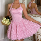 Elegant Pink Halter-Neck 3D Floral Lace-Up A-Line Homecoming Dress DP8693