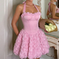 Elegant Pink Halter-Neck 3D Floral Lace-Up A-Line Homecoming Dress DP8693